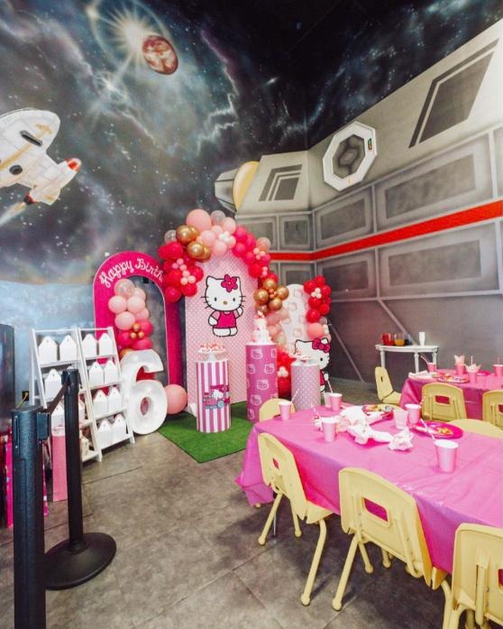 Space-themed birthday party room at Rocket World Pembroke Pines